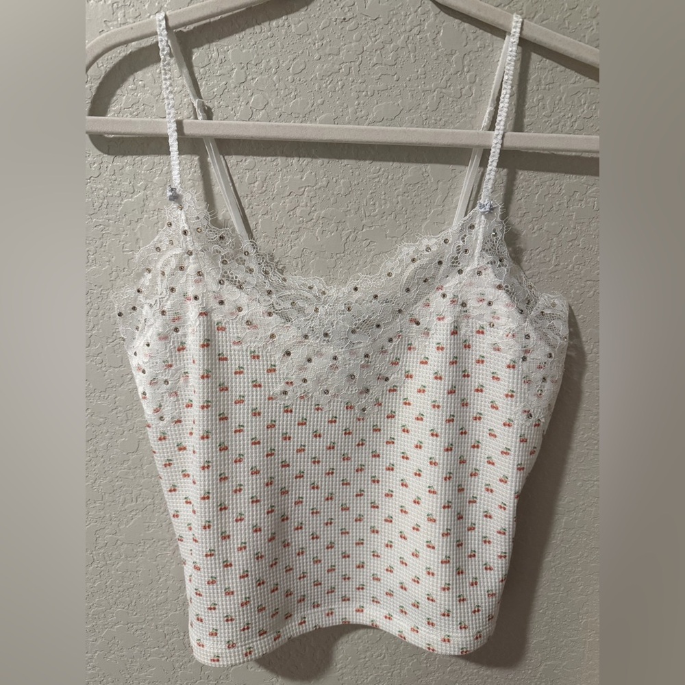 Boys Lie White Ribbed Lace-Trim Cami with Blue Accent